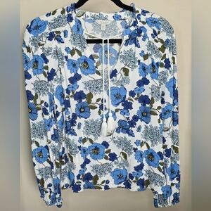 Lucky Brand Blue Floral Boho Peasant Top Tassel Tie Size M